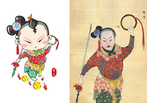 国图馆藏《庆赏升平》为基础设计的哪吒形象（左），右图为《庆赏升平》中的哪吒形象