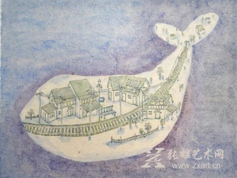  鲸鱼岛 52cm×70cm 水墨设色 2015年