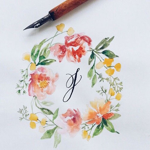 小清新组合:英文字母与水彩碎花花边