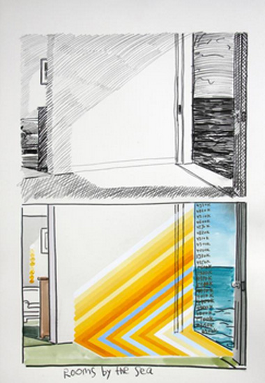 Hopper的房间2，纸上碳铅笔，水彩，丙烯，102x66.5cm2014年