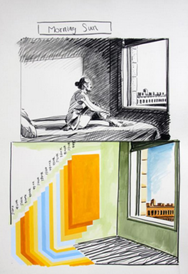 杨茂源Hopper的房间1，纸上碳铅笔，水彩，丙烯，102x66.5cm2014年
