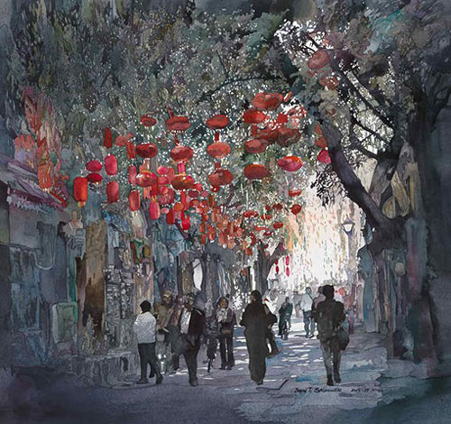 超真实的中国街头风光水彩画