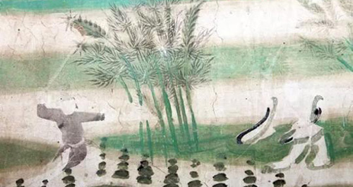 图为舞剑-莫高窟61窟-五代。击剑是从古代剑术决斗中发展起来的一项体育项目，壁画中展现的舞剑，与现代奥运会中击剑项目动作非常相似。　敦煌研究院供图 摄　　