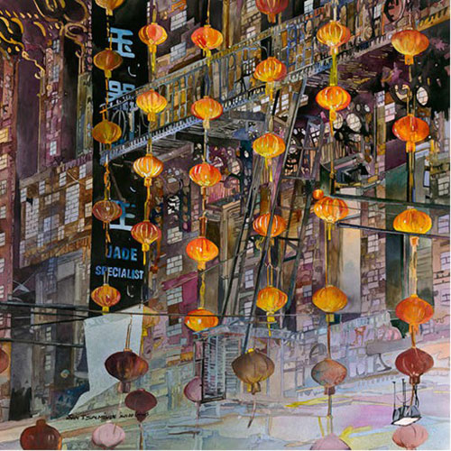 跟着中国街头风光水彩画一起体验中国风情