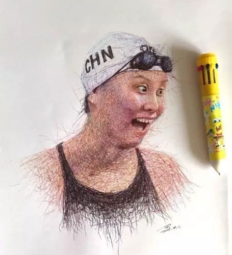 90后圆珠笔画出呆萌“傅园慧”