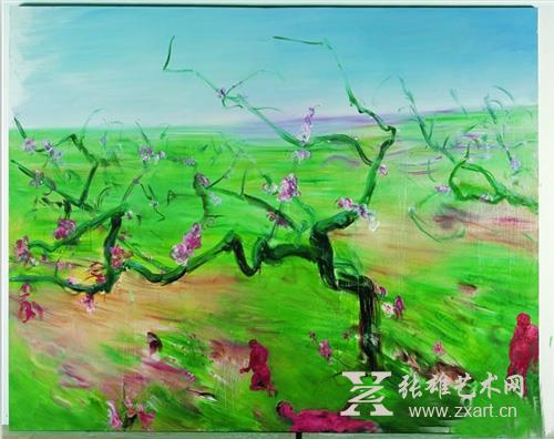 周春芽的“山石”“绿狗”“桃花”