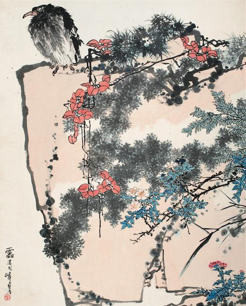 潘天寿《鹰石山花图》