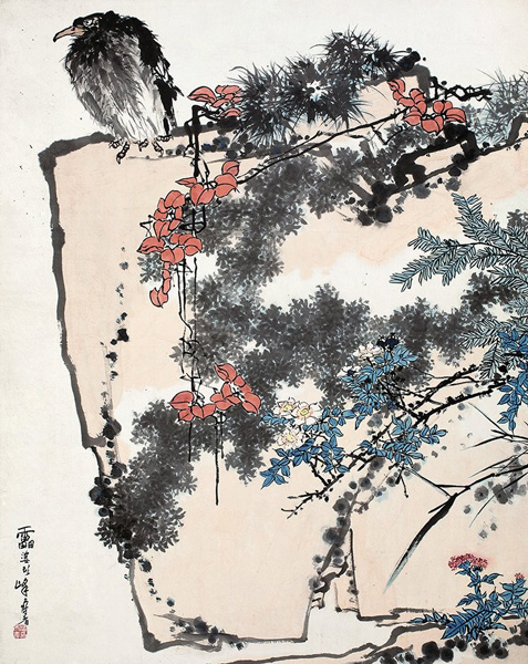 潘天寿，《鹰石山花之图》（Eagle,Rock, and Flora） 在中国嘉德国际拍卖有限公司春季排场上以4306万美元（约合人民币2.79亿元）的价格出售。图片：Courtesy of China Guardian