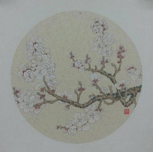 李自良，《杏花初绽满庭春》， 纸本设色，  34x34cm ，2015