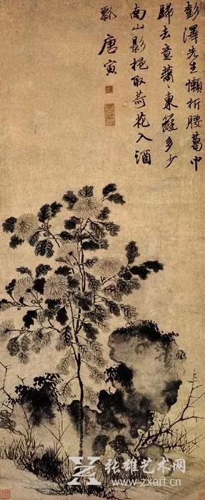 明 唐寅  《菊花图》 纸本设色 纵135厘米横55.5厘米 天津市艺术博物馆藏