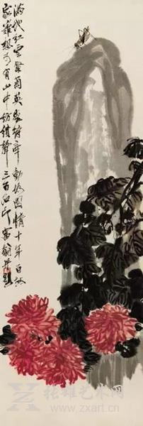 齐白石《秋虫菊石图》 纸本设色 纵98.9厘米横33.2厘米 现藏上海博物馆。