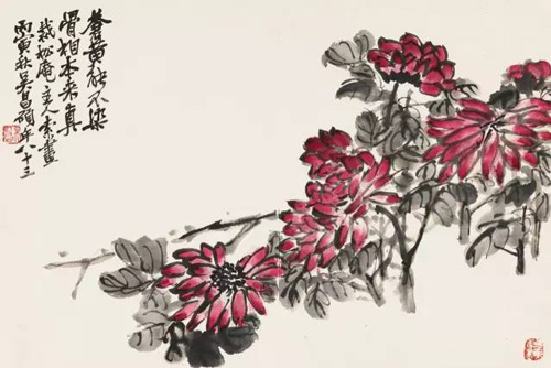 吴昌硕  红菊 纸本镜心  1926年作 尺寸：28.5×42 cm