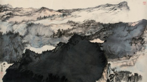 ▲377张大千（1899-1983）晚山图纸本 镜心66×117cm