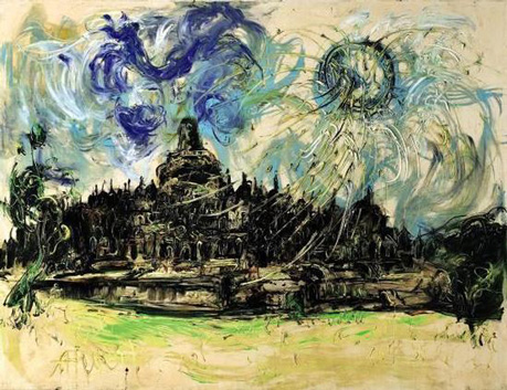 阿凡迪（ Affandi； 1907–1990）　　《婆罗浮屠与太阳》　　1984 年作； 油彩画布　　149.5 x 195 公分　　 估价： 450 万至 650 万港元/585，000 至 880，000 美元　　