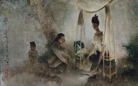 　李曼峰 （ 1913 – 1988）　　《沙爹小贩与母子》　　1953 年作； 油彩纤维板　　60.5 x 90.5 公分　 　估价： 100 万至 200 万港元/ 129，000 至 258，000 美元　　　