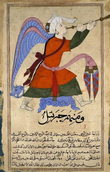    卡兹维尼《创造的奥妙》手稿插图《天使伊斯拉菲尔》，1375-1425年，图片来源：大英博物馆　