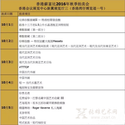 香港苏富比2016秋季拍卖会将于10月1日至5日在香港会议展览中心展览厅三举行