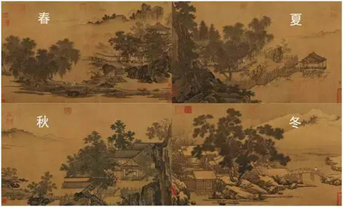   刘松年《四景山水图》卷，南宋绢本设色，各段纵41.3、横67.9厘米故宫博物院藏