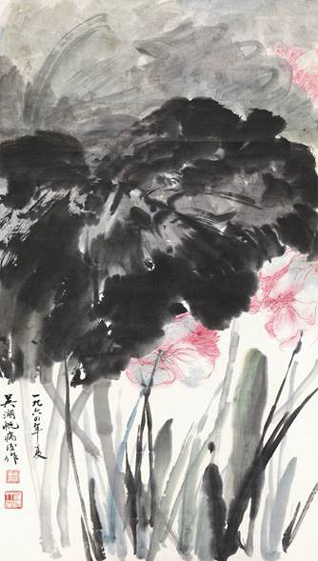 吴湖帆（1894-1968）荷花 　　纸本立轴 1964年作 　　76.5×44 cm 约3平尺