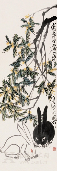 齐白石《桂花双兔》