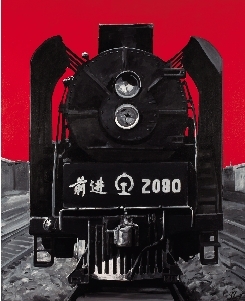 火车机头系列：内燃时代、蒸汽时代、高铁时代（油画）200×160厘米×3  2011年  梁宇