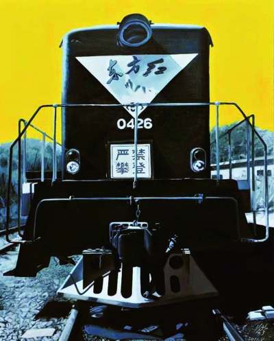 火车机头系列：内燃时代、蒸汽时代、高铁时代（油画）200×160厘米×3  2011年  梁宇