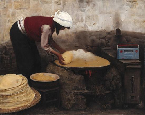 王沂东 烙煎饼的女孩 布面油画 60x76cm 1987年