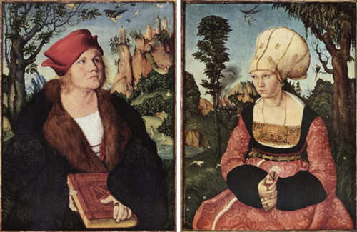 【左图】：克拉那赫，《约翰内斯．库斯比尼亚努斯》（Johannes Cuspinian），1502年，oil on softwood，59x45cm，Winterthur，Oskar Reinhart Stiftung.【右图】：克拉那赫，《安娜．库斯比尼亚努斯》（Anna Cuspinian），1502年，oil on softwood，59x45cm，Winterthur，Oskar Reinhart Stiftung.