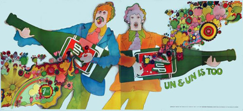 1969年，“Un＆Un Is Too”，Kim Whitesides设计。画面中，以披头士成员约翰·列侬和保罗·麦卡特尼为原型创作的两个人正在演奏他们的7UP瓶魔法吉他。