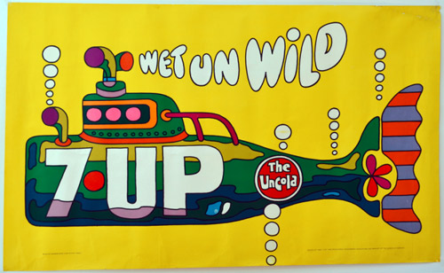   1970年，“Wet Un Wild”，由J. Walter Thompson广告公司的Ed George创作。画面中是由7UP瓶身变成的一只很像黄色潜水艇的绿色潜水艇。