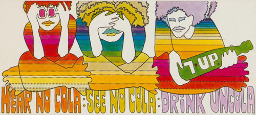   1970年，Nancy Martell设计的“Hear No Cola，See No Cola，Drink No Cola”广告牌，被挂在Shlomit Auciello（Old Hippies：A Collective Memoir的作者）的娱乐室。
