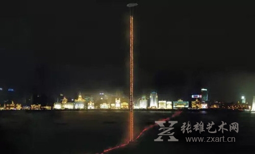 2001年，蔡国强为上海APEC 城市景观焰火所作方案《天梯》效果图，未实现