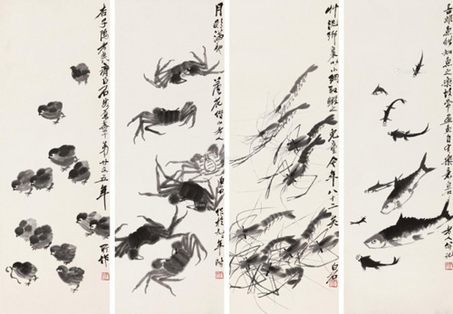 齐白石 禽鱼杂绘四屏