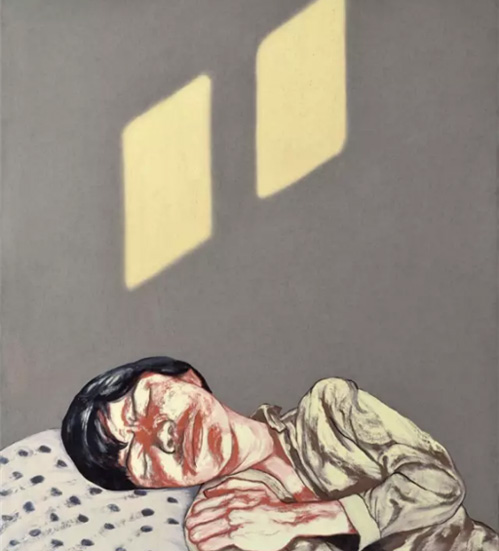 曾梵志《面具》，布面油画，100 × 85 cm，1996 年作。图片：致谢艺术家及保利拍卖