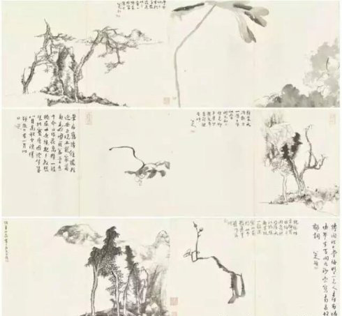 清八大山人《山水花卉册》，水墨纸本 册页六开，32 x 50.5 cm。，成交价：3974万港元