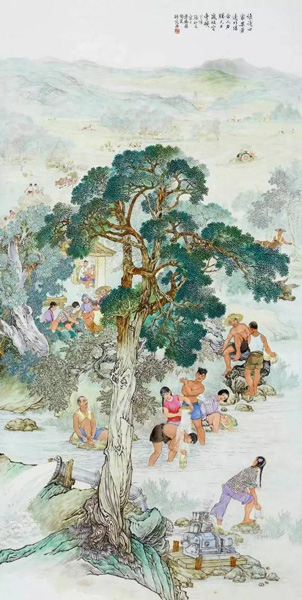 Lot 2086 当代 张松茂 粉彩农村新面貌图瓷板  　　成交价 ：RMB 3，450，000