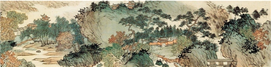   溥心畬 秋山澄碧 手卷（局部） 设色绢本 尺幅10×166cm 1943年作（2016年11月嘉德218.5万元成交）