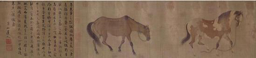  任仁发《二马图》元。任仁发作。绢本，设色。纵28.8厘米，横142.7厘米。北京故宫博物院藏。