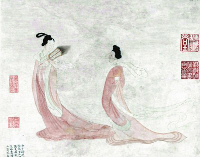    过云楼旧藏明代文徵明湘君湘夫人图轴(局部)。