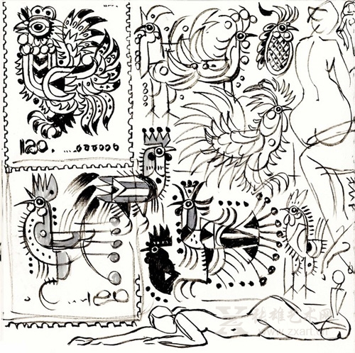 韩美林为设计《丁酉年》特种邮票创作的手稿
