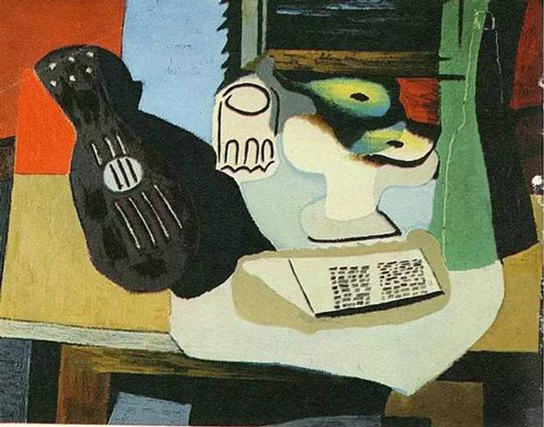 毕加索 Picasso - 吉他、玻璃瓶与果盘 Guitar, Glass and Fruit Dish with Fruit