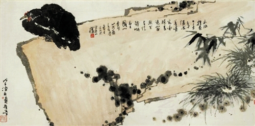 潘天寿 指画《磐石墨鸡图》