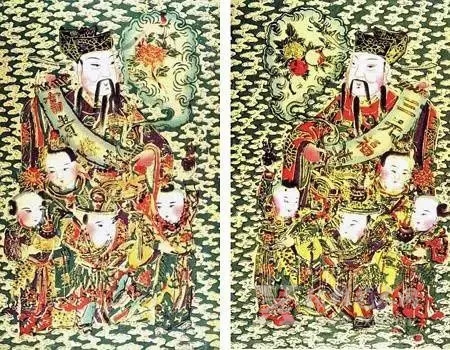 天津杨柳青 天官赐福文门神 三元福寿、富贵荣华