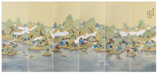 陈新生 |《百春悠然》| 200 x 90cm x6 六条屏 | 青绿山水 | 2014年