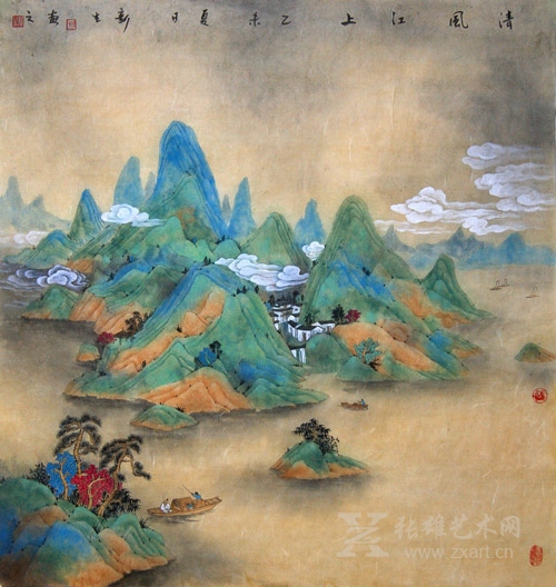 清风江上 斗方 重彩青绿山水 2015年