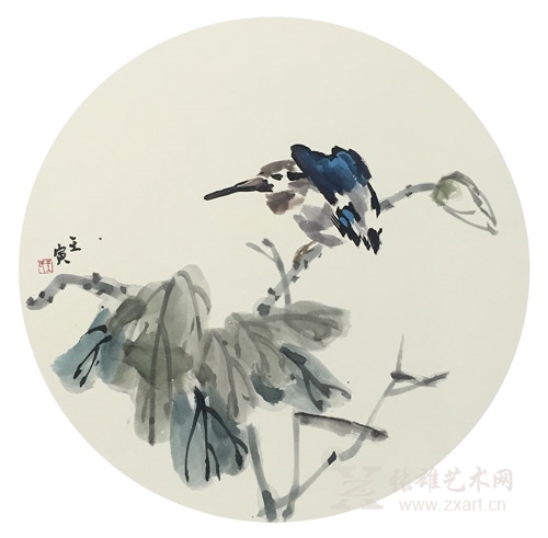 残荷翠鸟 团扇 2016年