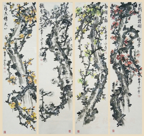 沈永喜国画作品：梅花四条屏 2016年