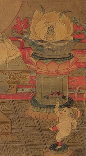 《柳枝观音像》(局部)可见玻璃器的纤影。
