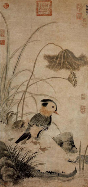 　张中《枯荷鸳鸯图》·元代·纸本浅设色·96.4×46cm