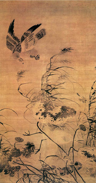 吕纪《残荷鹰鹭图》·明·绢本设色·190×105.2cm